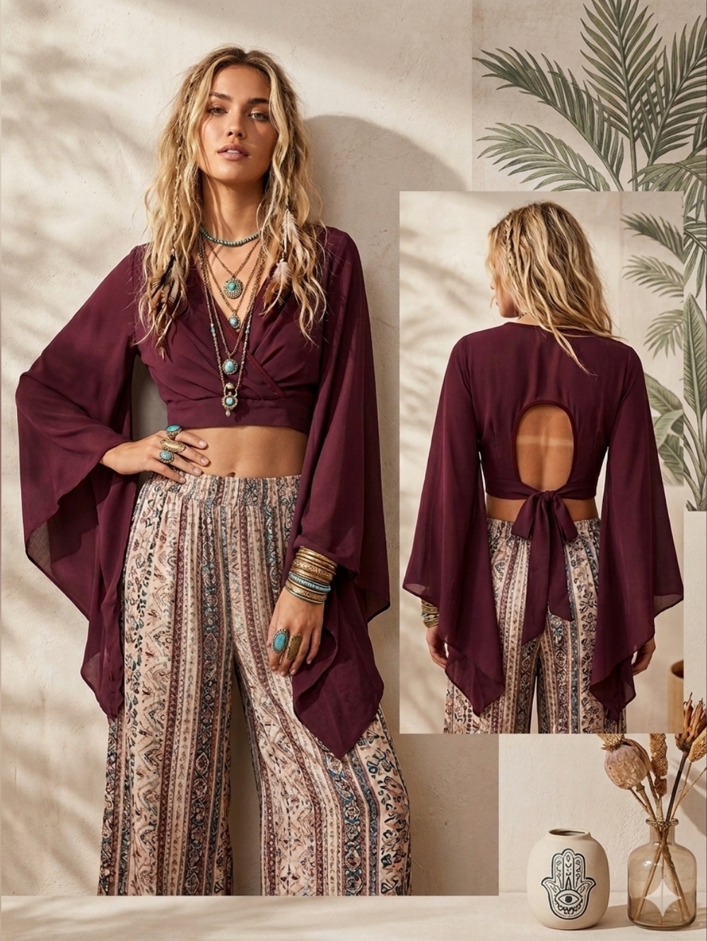 New Rag Therapy Burgundy Wrap Crop Top Open Back Tie Bell Sleeve USA Semi Sheer